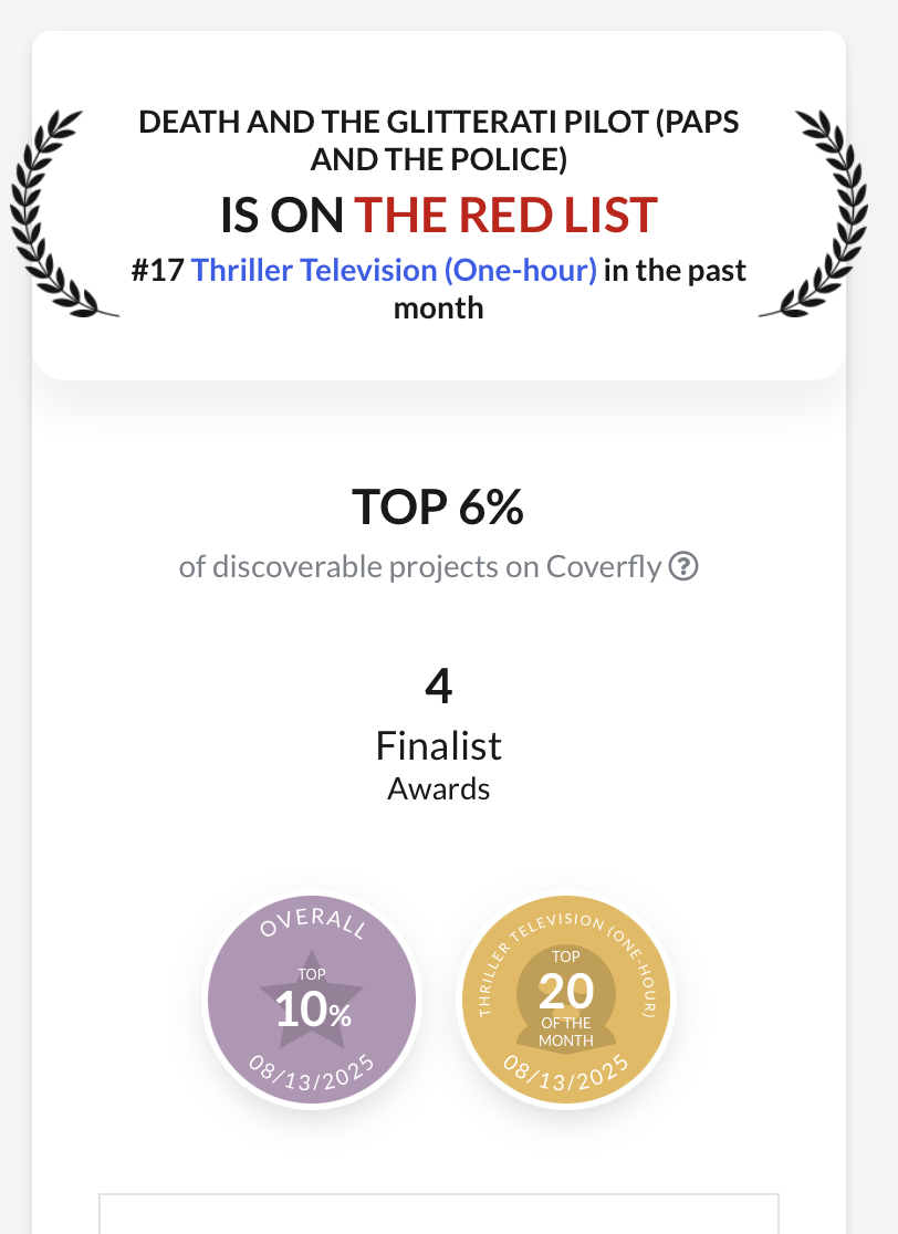 DEATH AND THE GLITTERATI Makes Coverfly’s Top 20